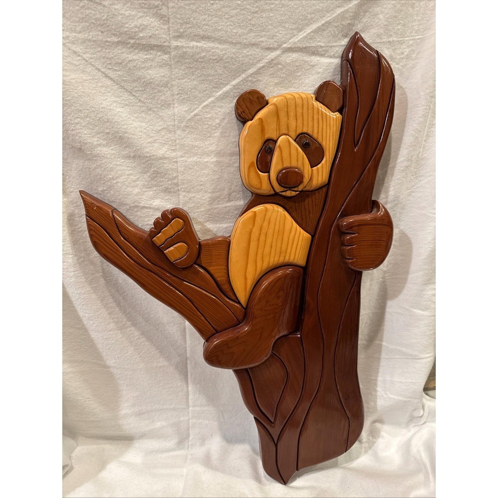 Hand 3D Carved Wood Panda Bear Tree wall decor Henry Alford 22x 14" art Nursery